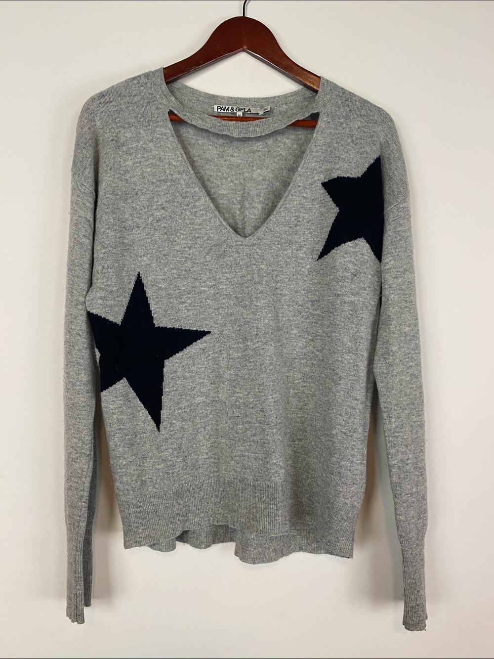 Pam & Gela Gray V-Neck Sweater with Navy Star Motif